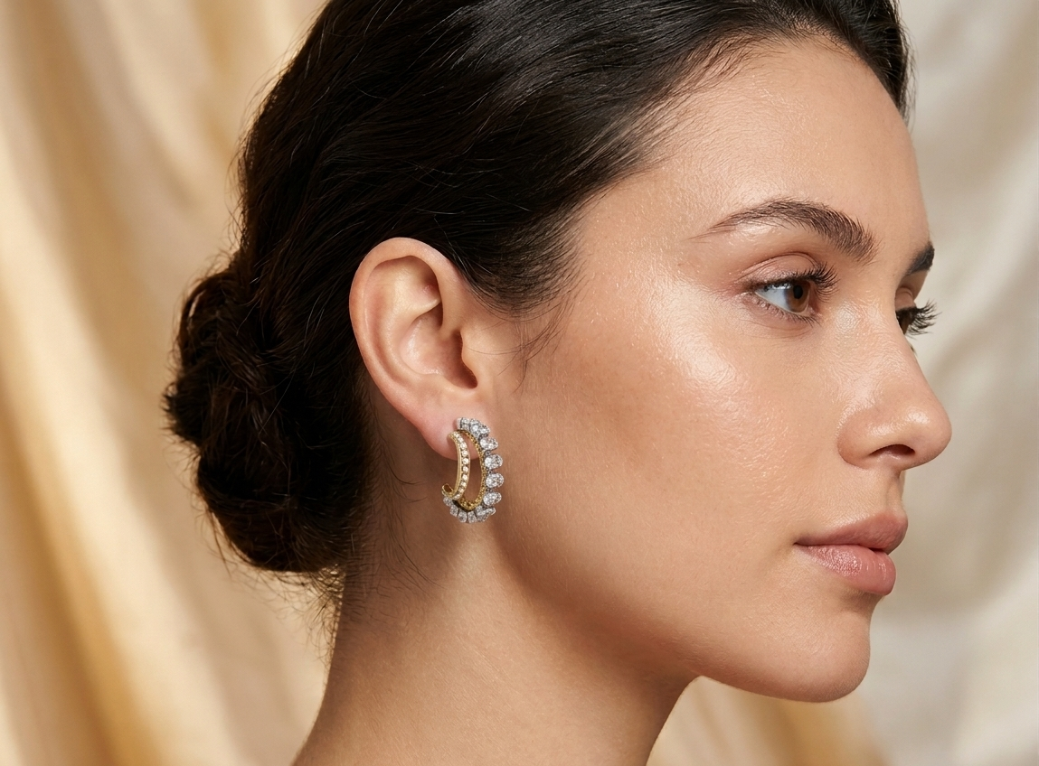 Double Hoop CZ and Pearl Earrings Stainless Steel