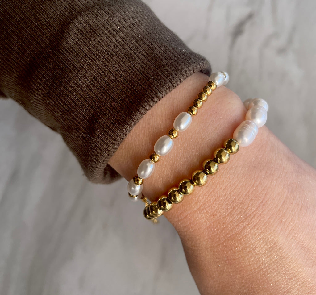 Freshwater Pearl and Gold Beaded Chain Bracelet Stainless Steel