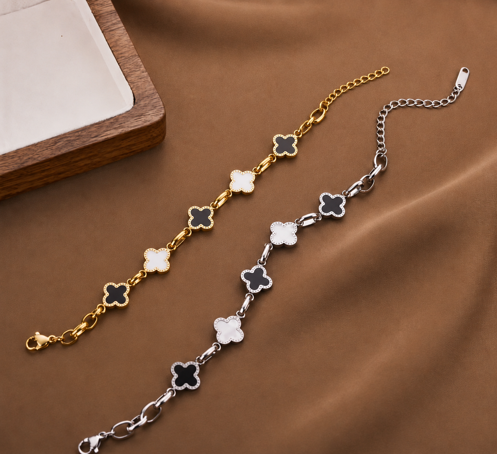 Black and White Clover Link Chain Bracelet Titanium Steel