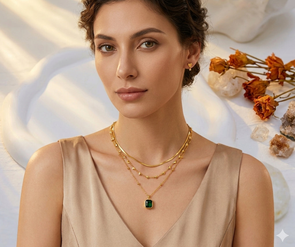 Emerald Heartbeat Layered Necklace Stainless Steel