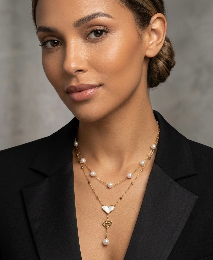 Pearl Heart Drop Necklace Set Stainless Steel
