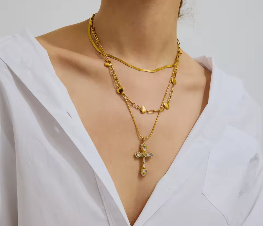 Pave CZ Lux Cross Pendant Necklace Stainless Steel