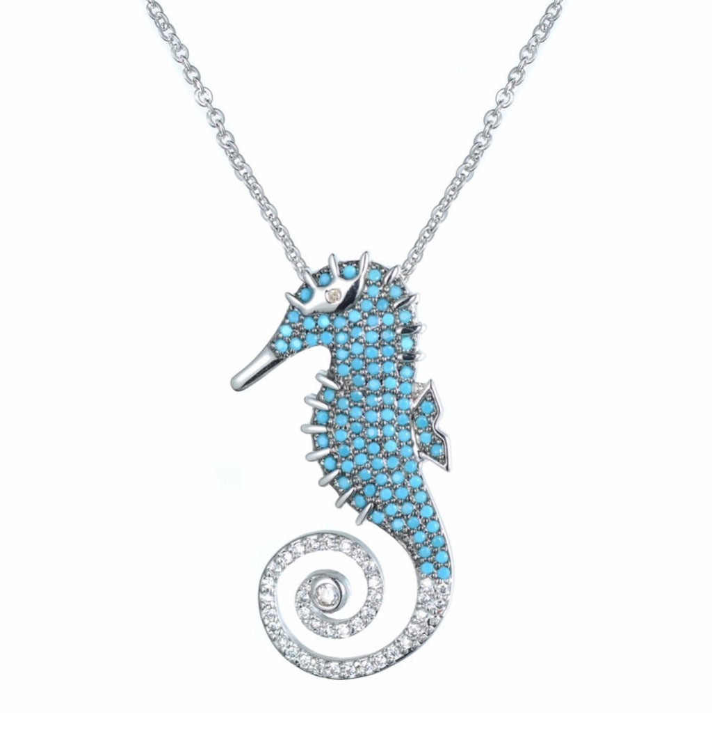 Turquoise CZ Seahorse Sterling Silver Necklace