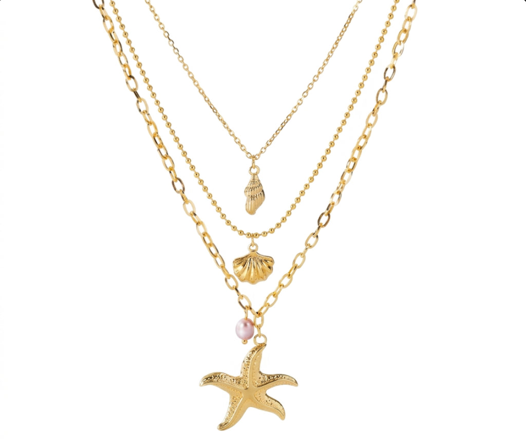 Starfish and Shells Layered Stainless Steel Necklace
