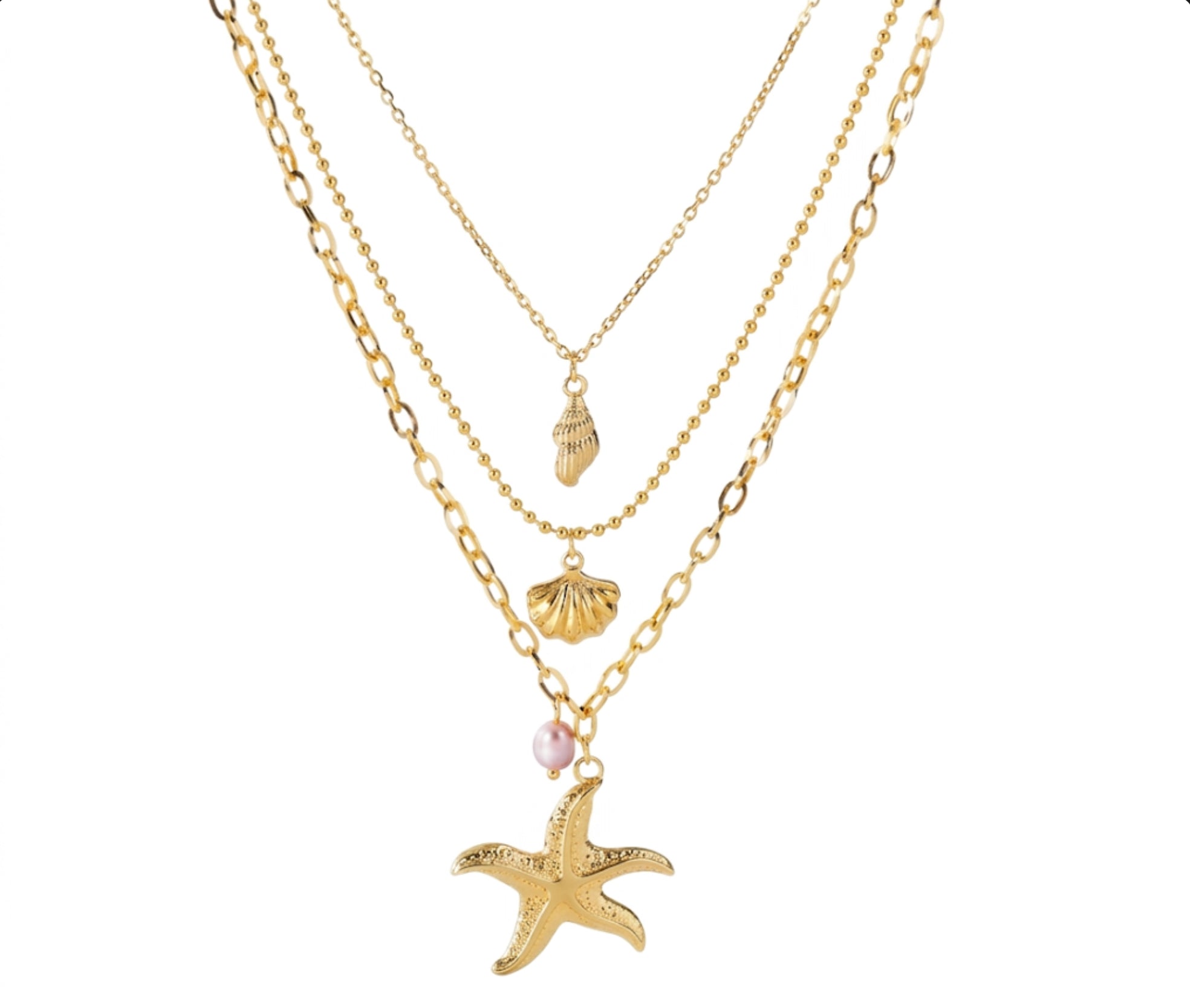 Starfish and Shells Layered Stainless Steel Necklace