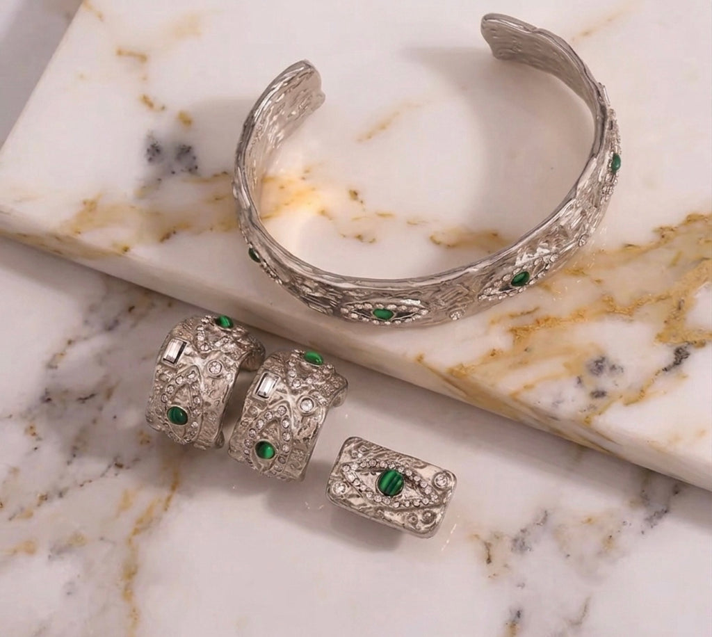 Silver Malachite Evil Eye Set Stainless Steel