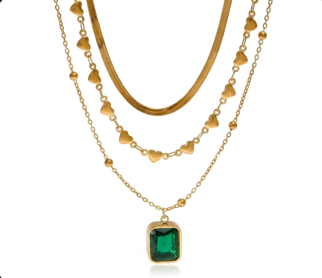 Emerald Heartbeat Layered Necklace Stainless Steel