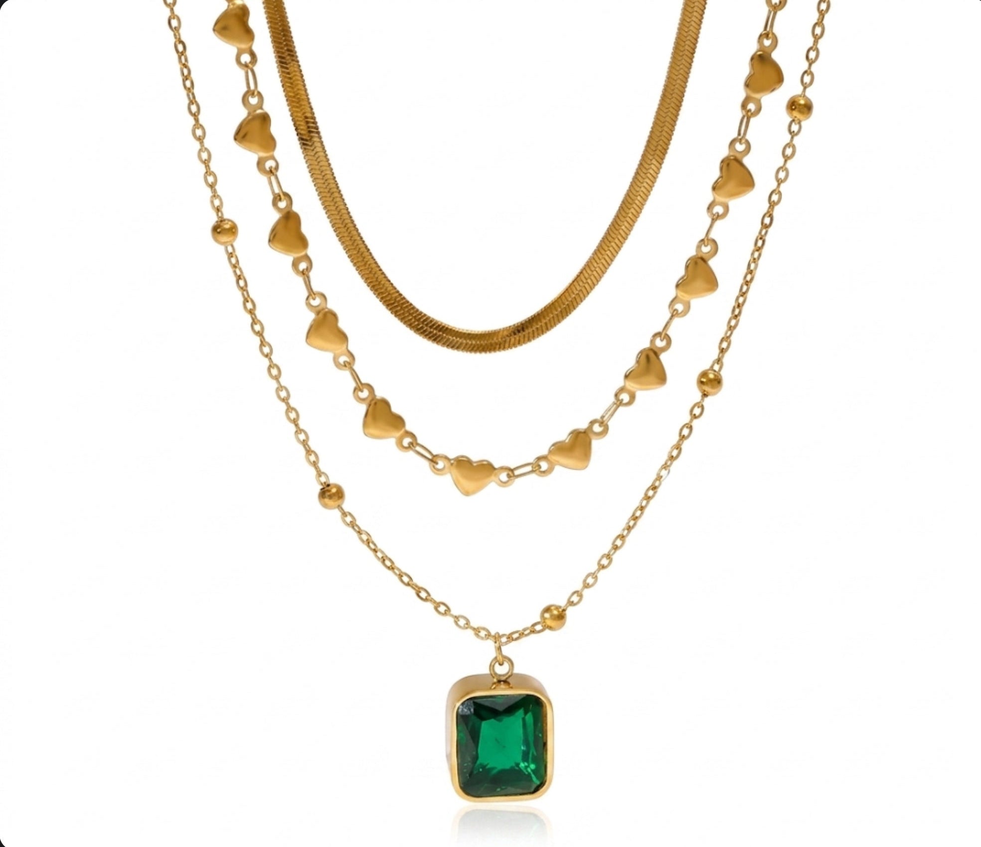Emerald Heartbeat Layered Necklace Stainless Steel