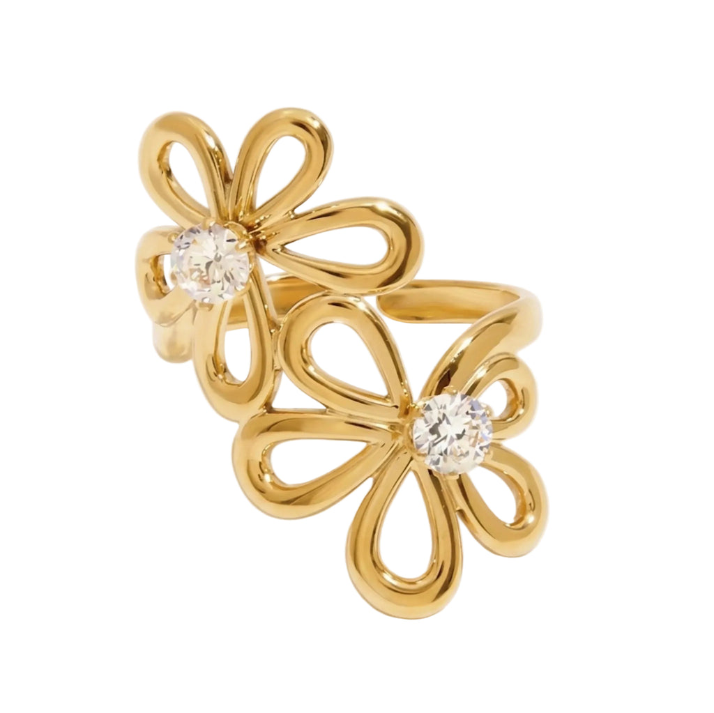 Cz Double Flower Adjustable Ring Stainless Steel