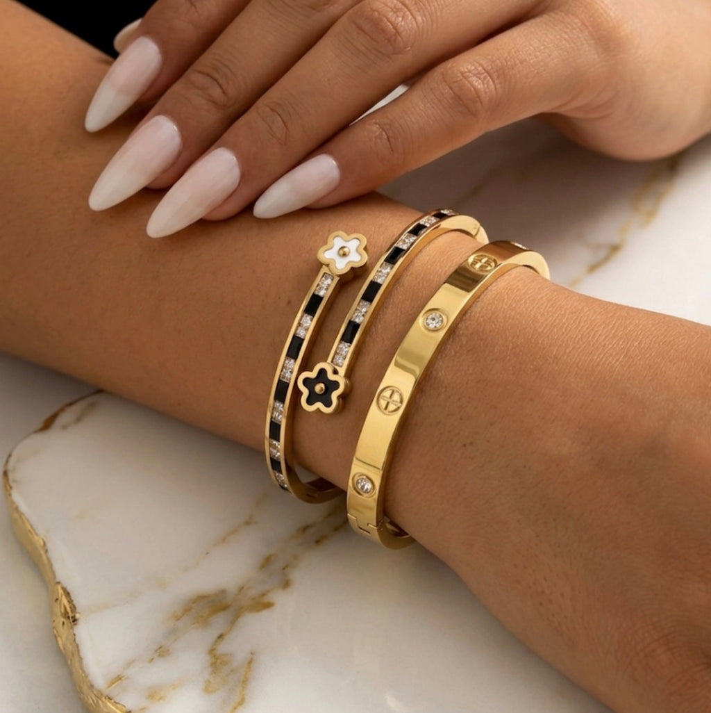 Black and White CZ Flower Gold Bangle Set Stainless Steel