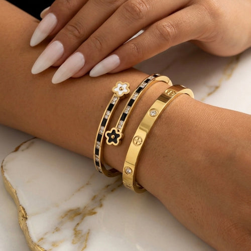 Black and White CZ Flower Gold Bangle Set Stainless Steel