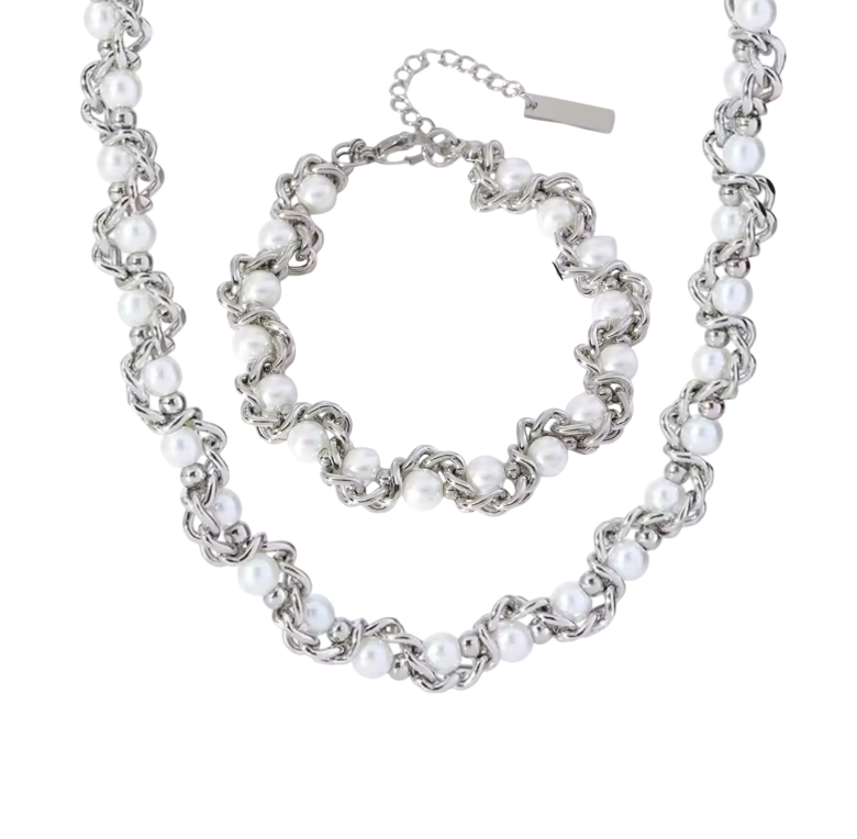Elegant Silver and White Pearl Jewelry Set Stainless Steel
