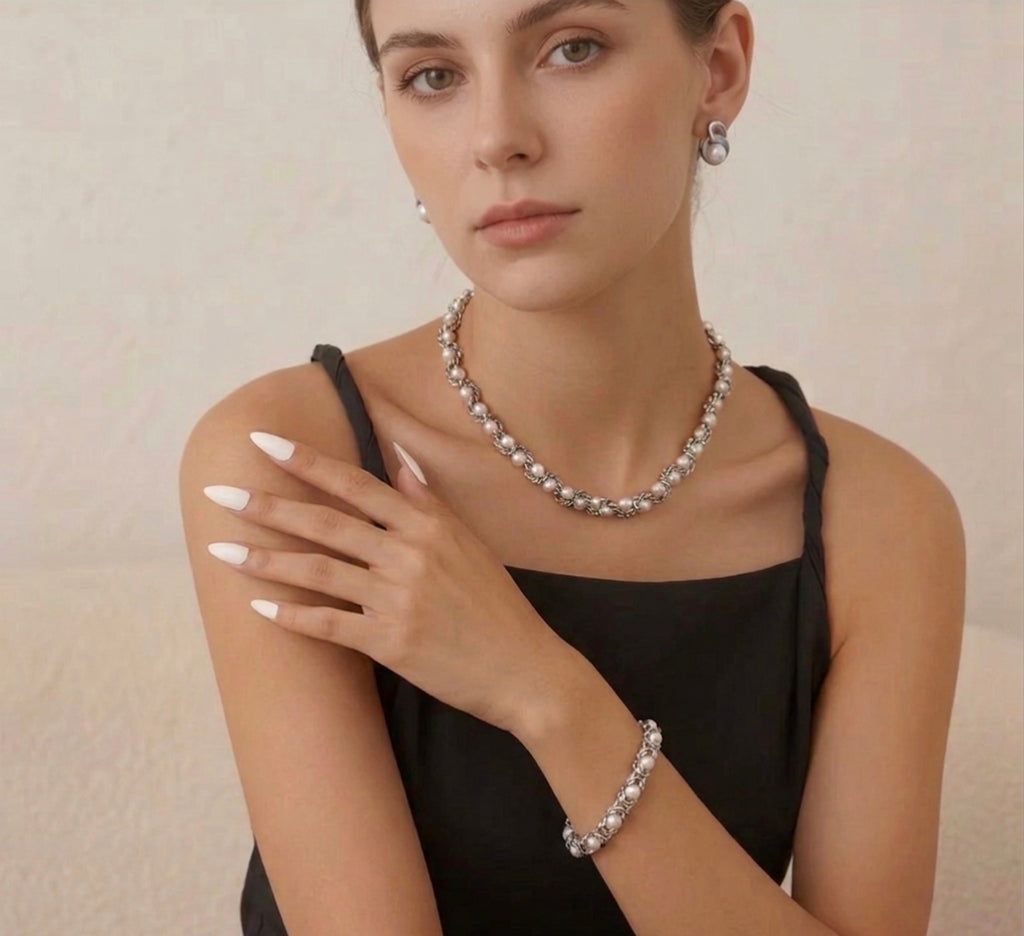 Elegant Silver and White Pearl Jewelry Set Stainless Steel