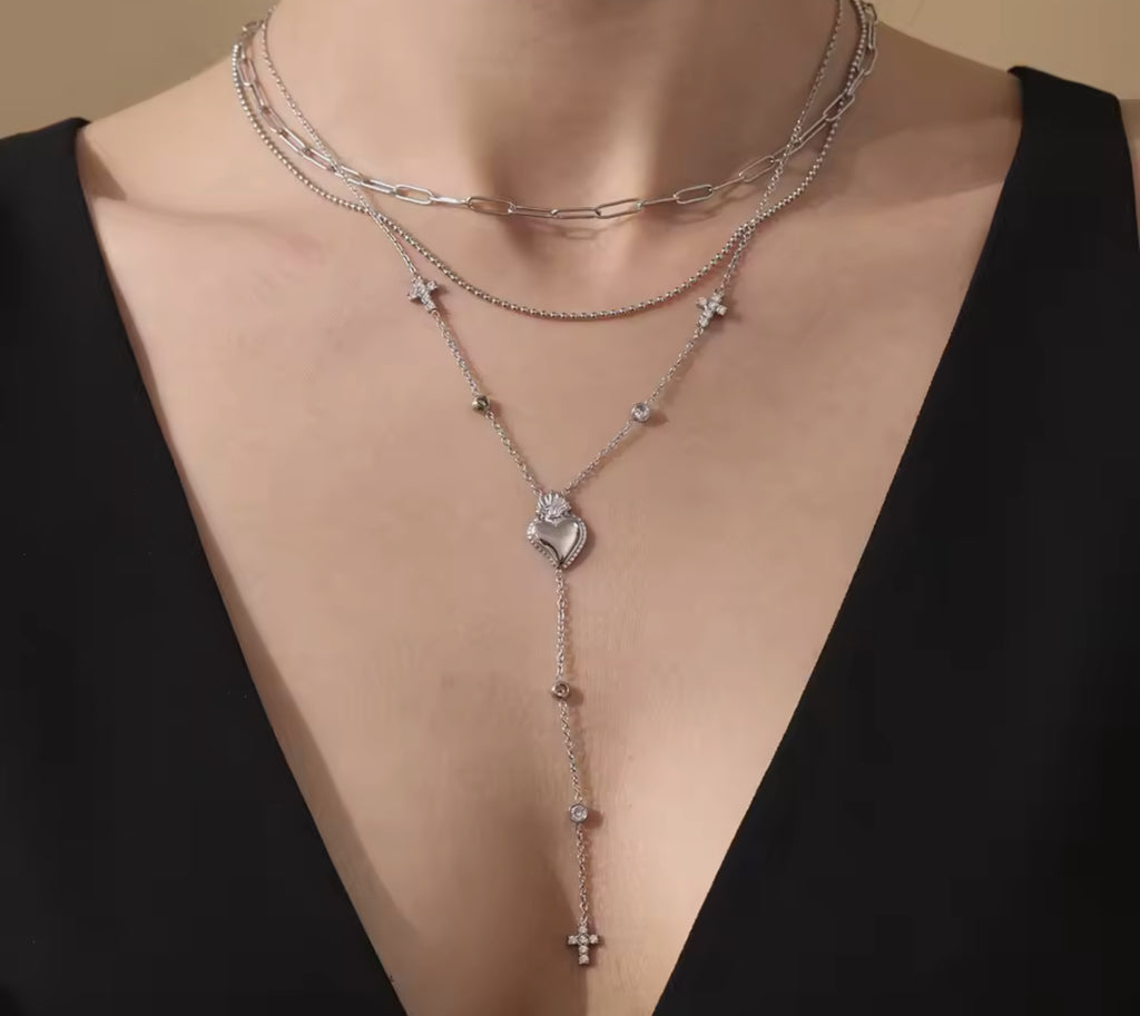 Dainty Heart and CZ Cross Pendant Lariat Necklace Stainless Steel