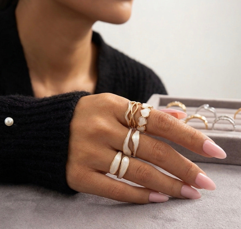 Lux White Enamel Gold Adjustable Ring Stainless Steel