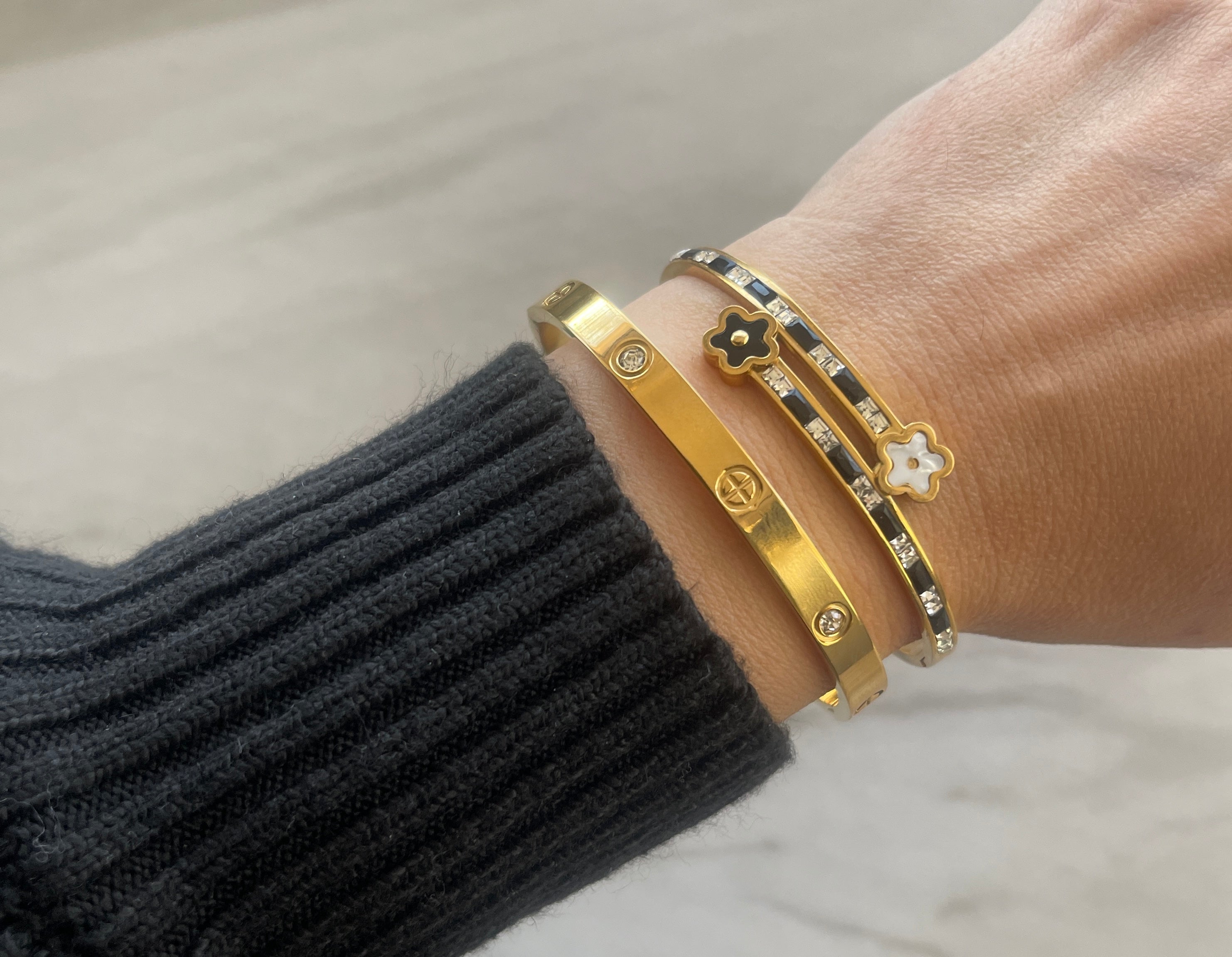 Black and White CZ Flower Gold Bangle Set Stainless Steel