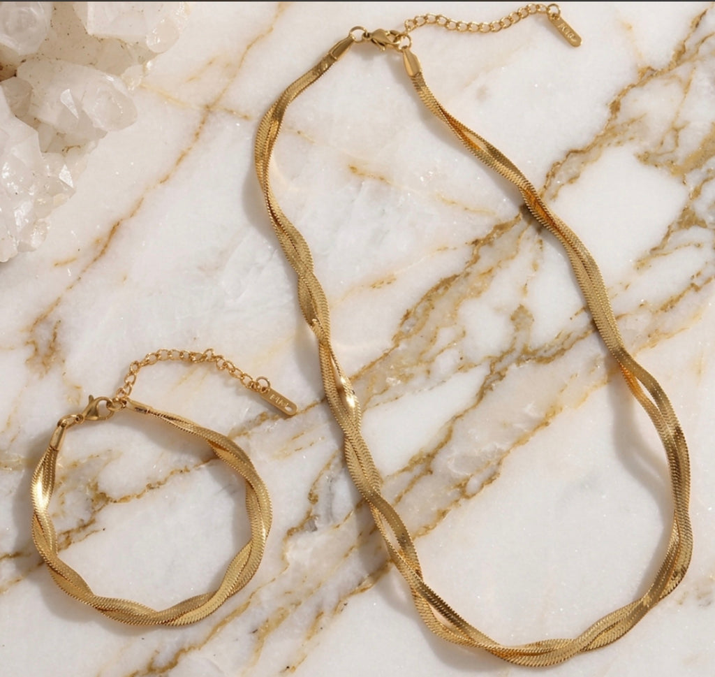 Twisted Gold Snake chain Necklace and Bracelet Set Stainless Steel