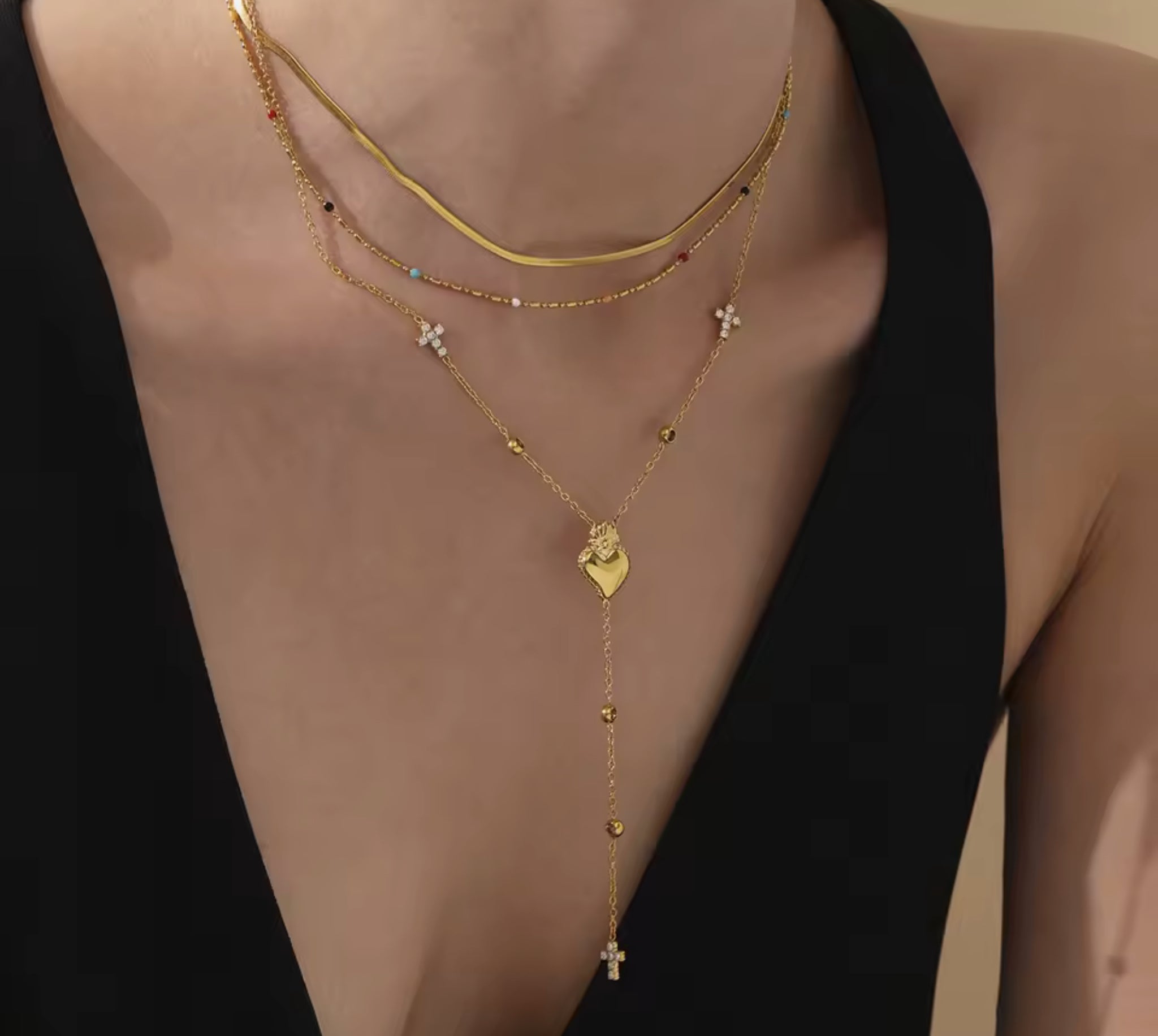 Dainty Heart and CZ Cross Pendant Lariat Necklace Stainless Steel