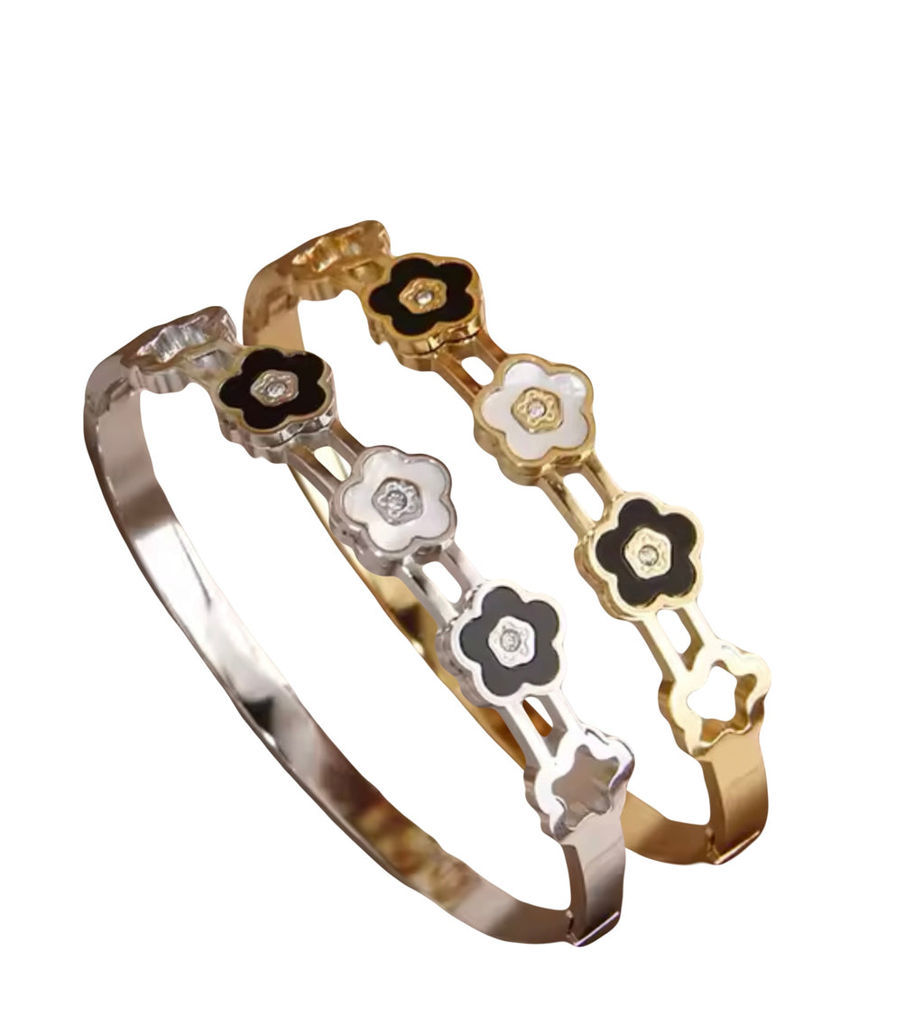 Black and White Flower Bangle Stainless Steel