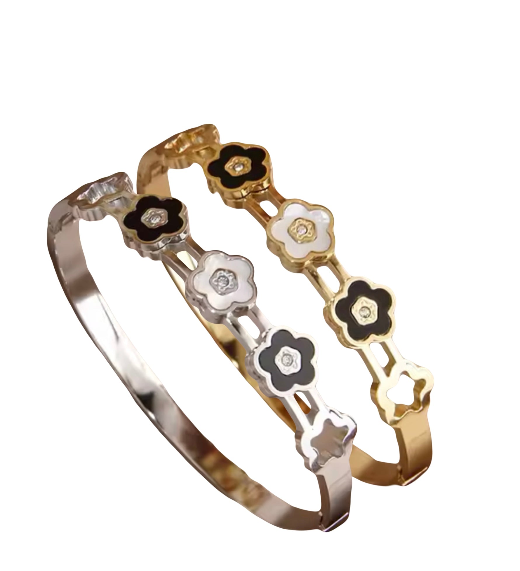 Black and White Flower Bangle Stainless Steel