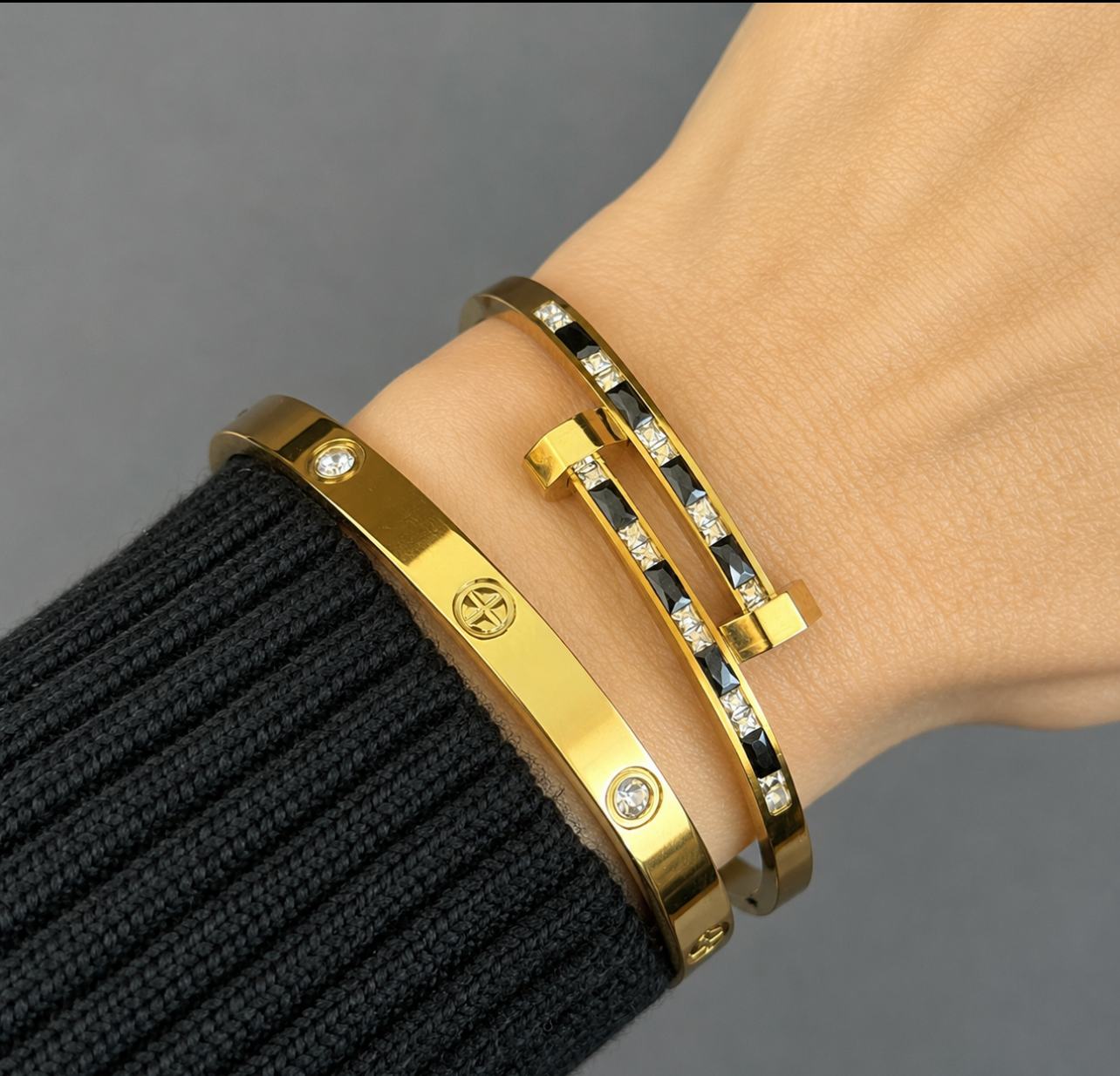 Black and White CZ Nail Gold Bangle Set Stainless Steel