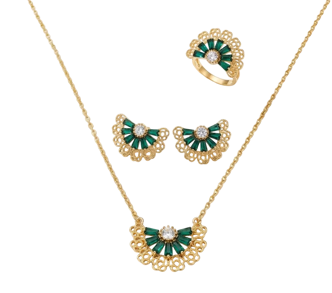 Green CZ Fan Design Jewelry Set Stainless Steel