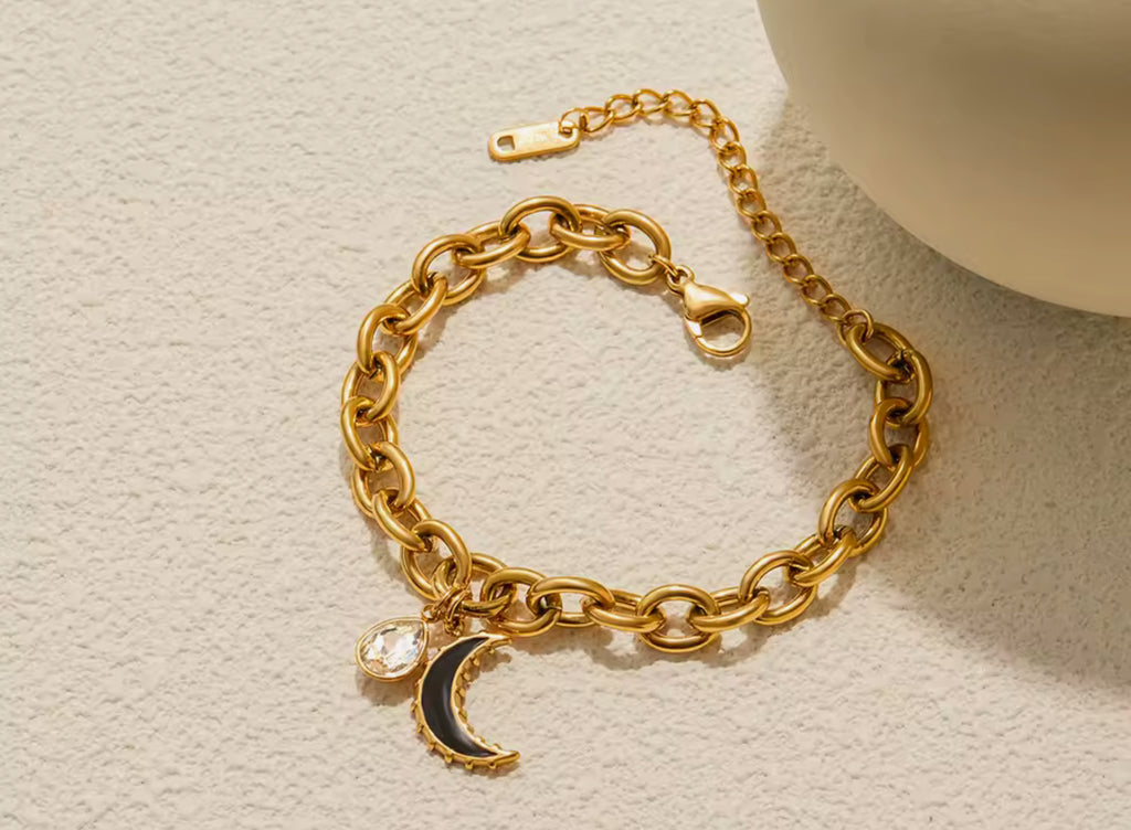 Black Moon and CZ Charm Bracelet Stainless Steel
