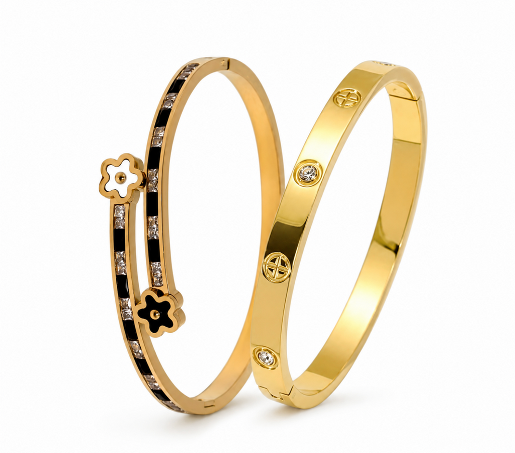 Black and White CZ Flower Gold Bangle Set Stainless Steel