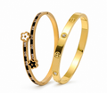 Black and White CZ Flower Gold Bangle Set Stainless Steel