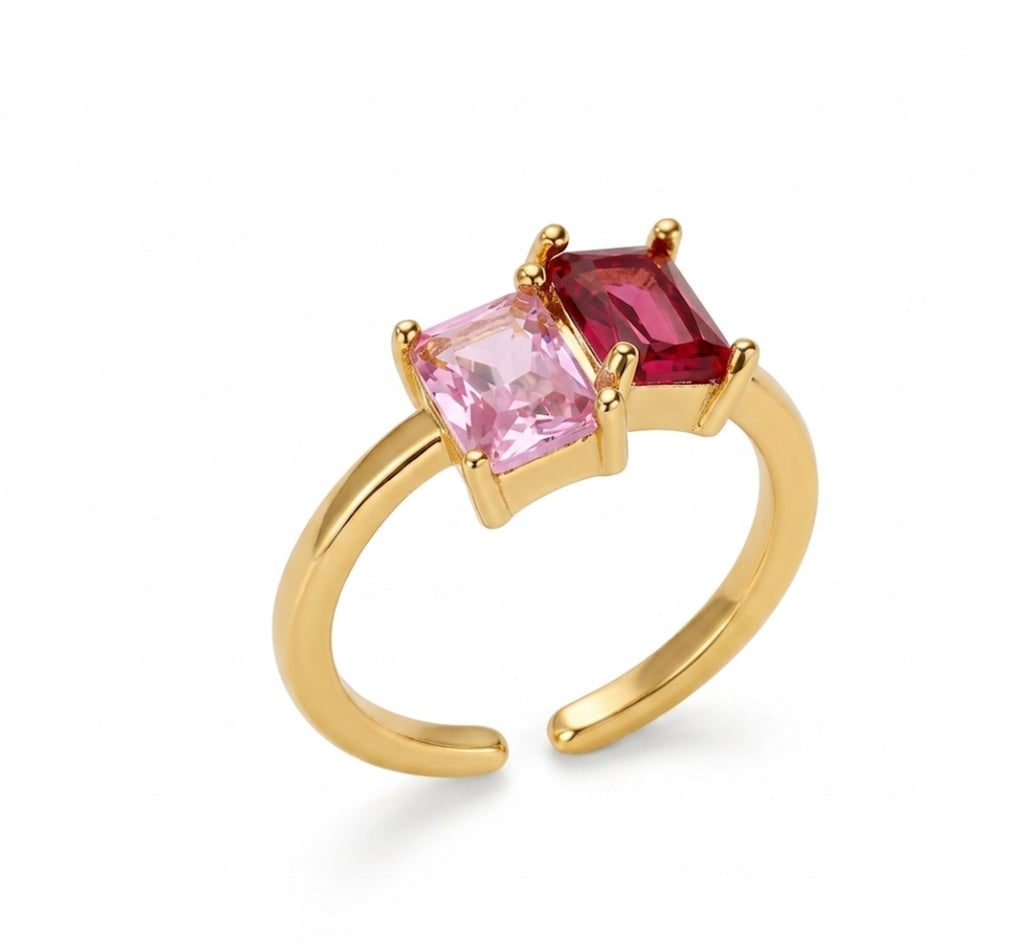 Double Emerald Cut Pink CZ Adjustable Ring Stainless Steel