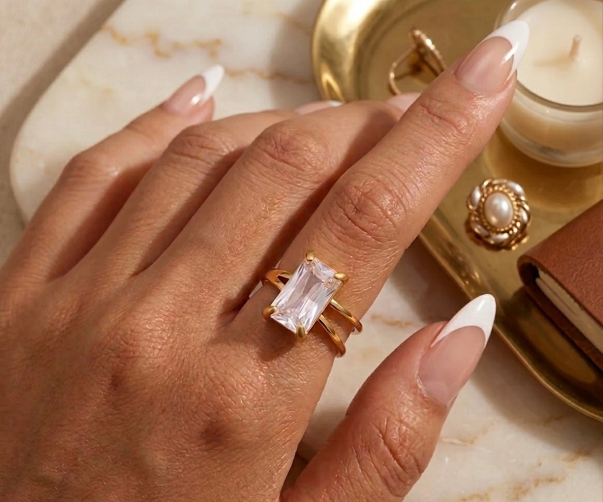 Unique CZ Solitaire Double Ring Stainless Steel