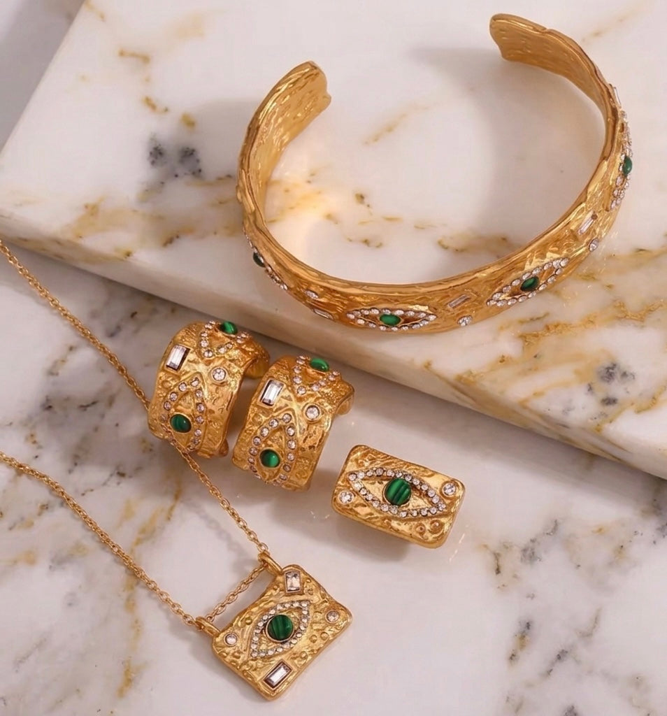Gold Malachite Evil Eye Set Stainless Steel