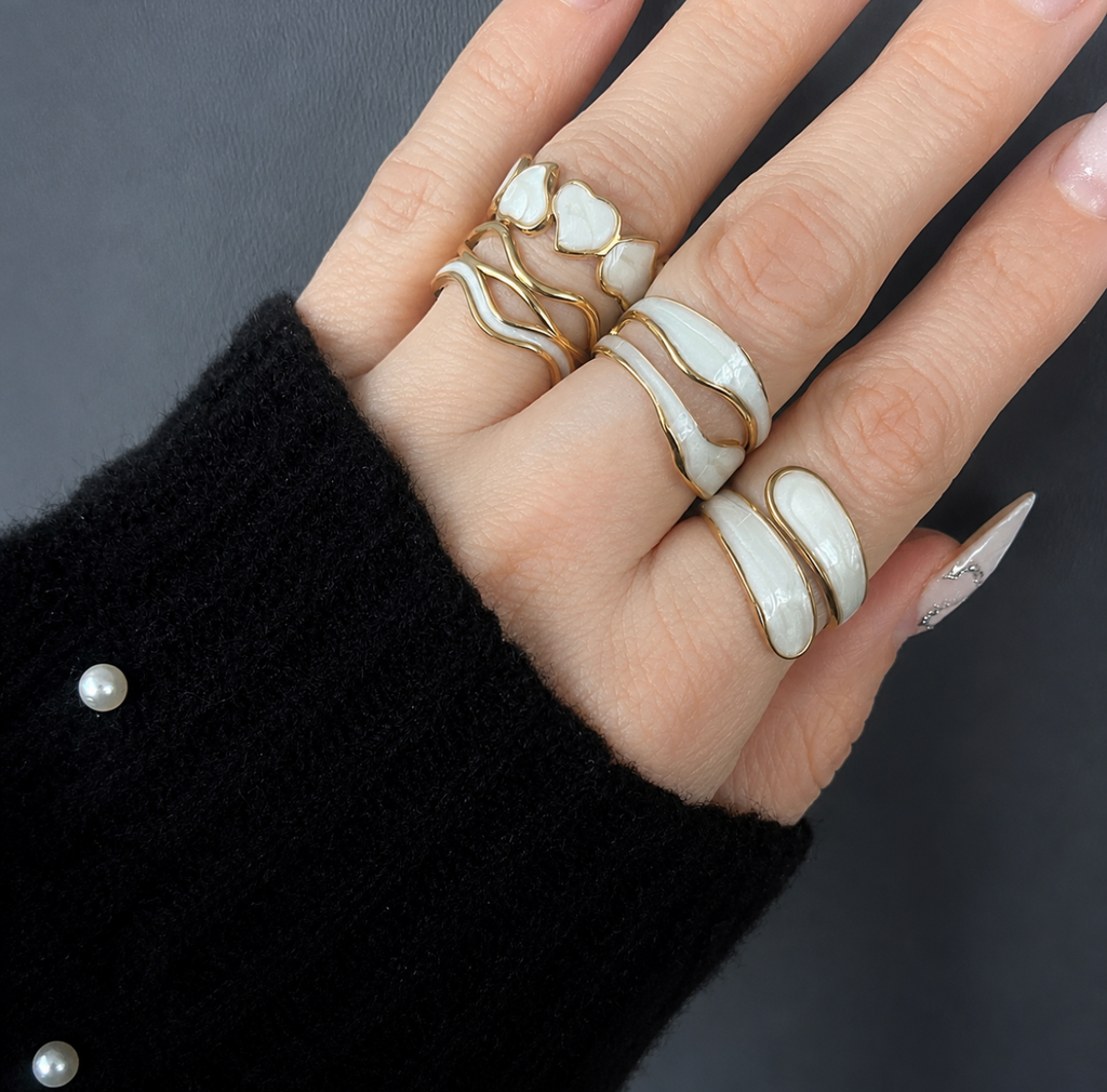 Lux White Enamel Gold Adjustable Ring Stainless Steel