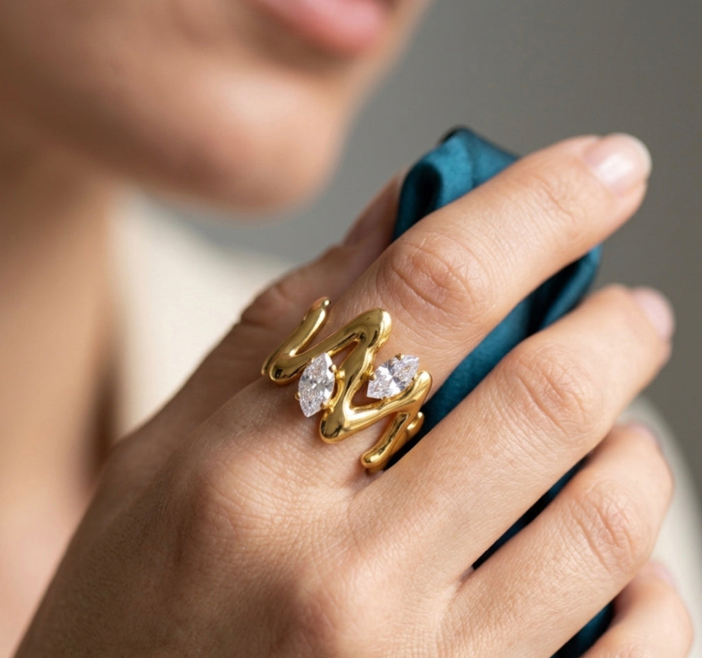 Cz ZigZag Adjustable Ring Stainless Steel