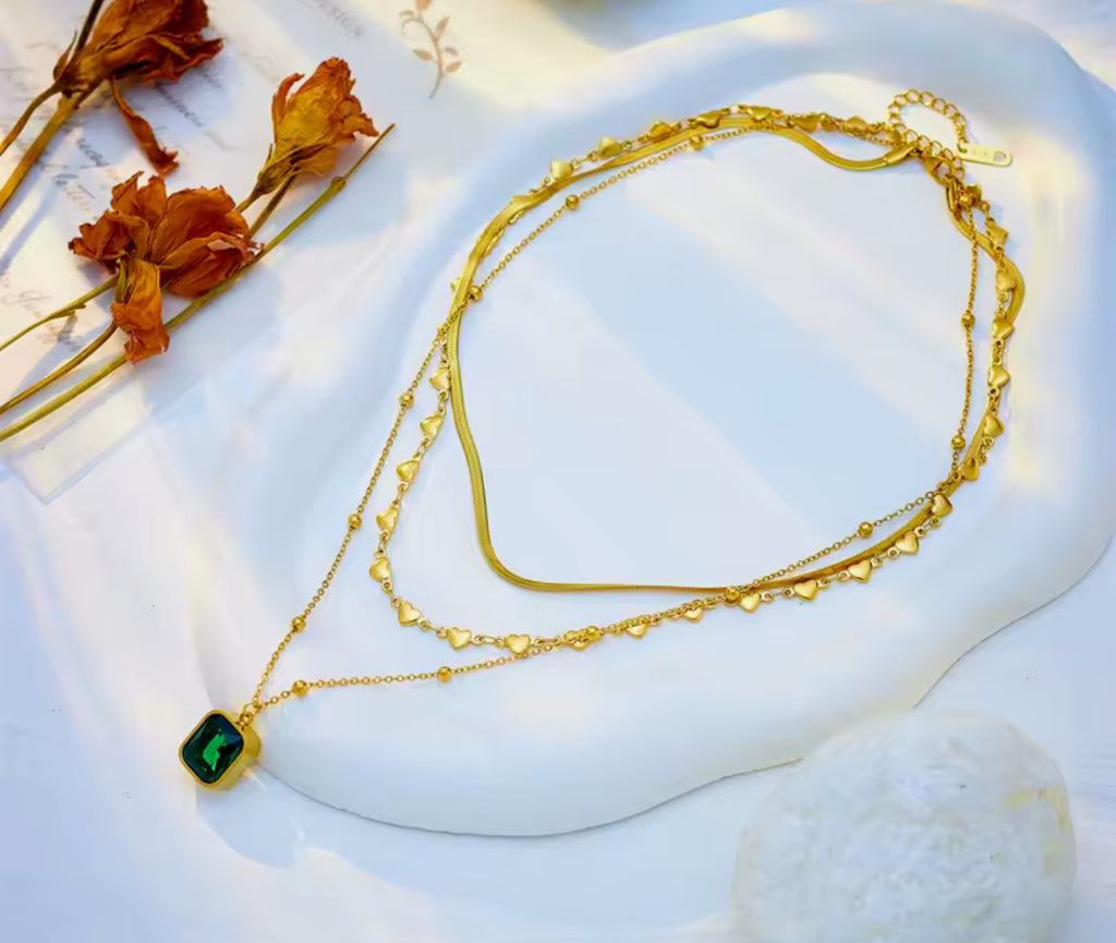 Emerald Heartbeat Layered Necklace Stainless Steel