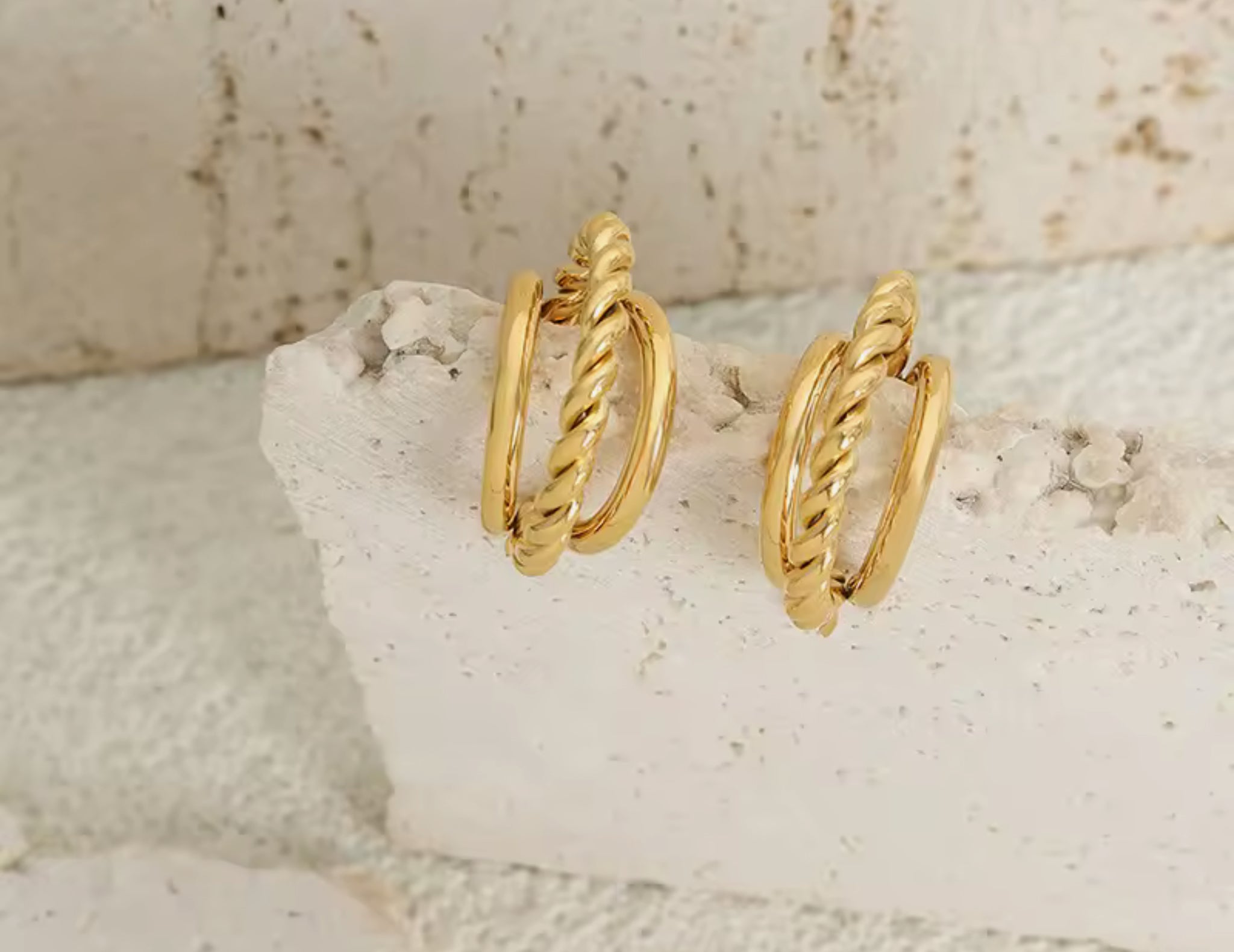 Twisted Triple Hoop Gold Earrings Stainless Steel