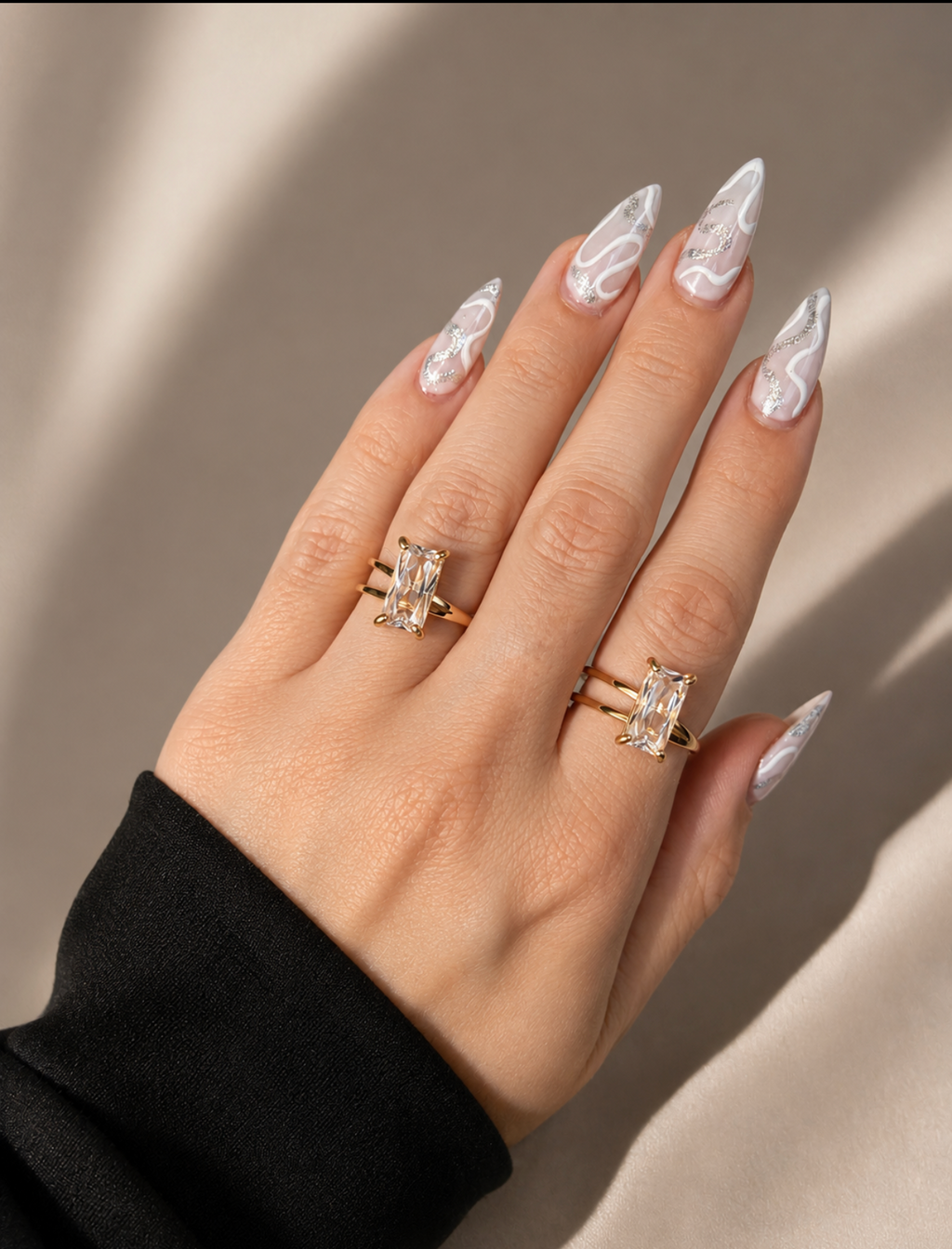 Unique CZ Solitaire Double Ring Stainless Steel