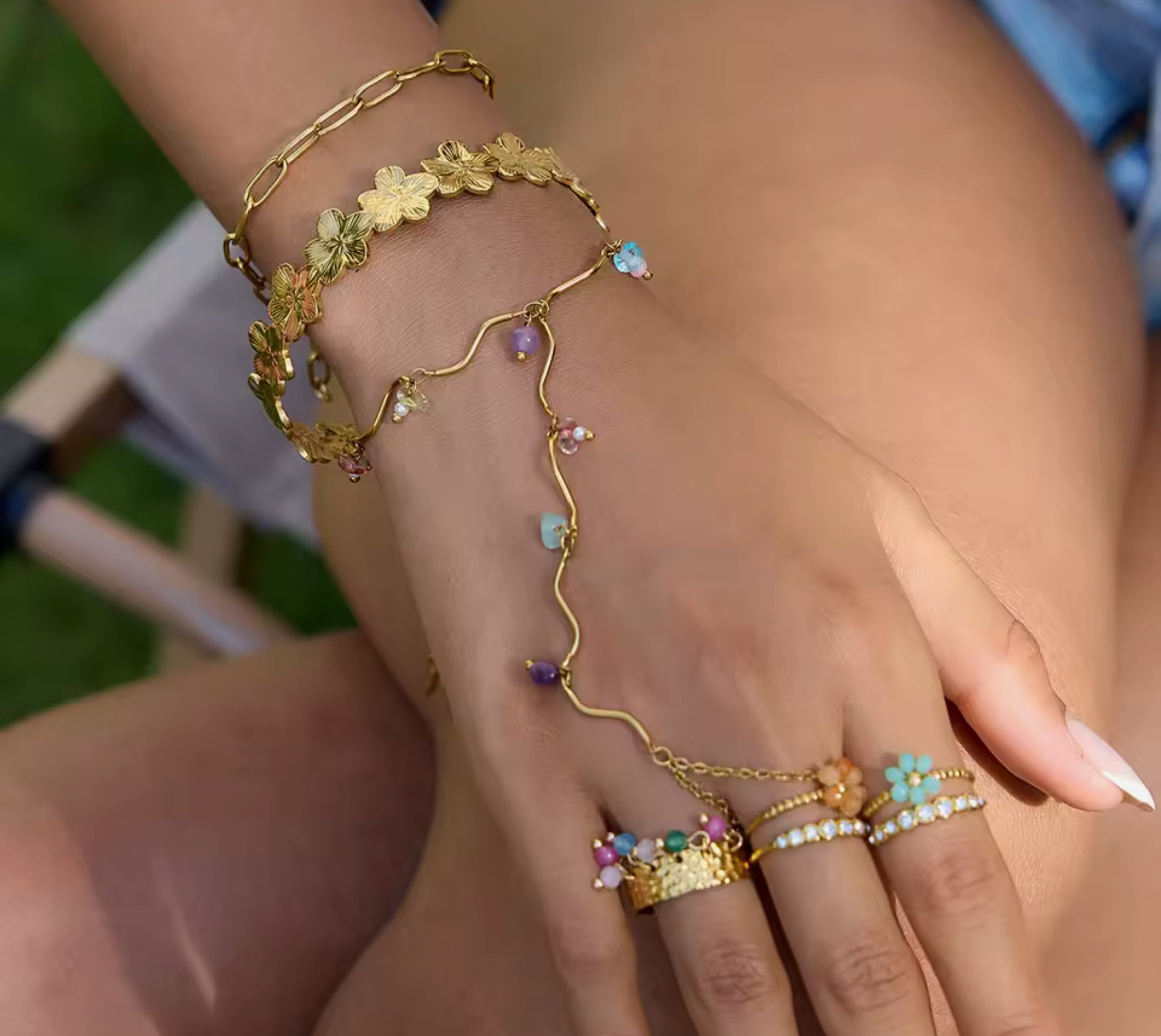 Natural Stone Beaded Wavy Hand Chain Stainless Steel
