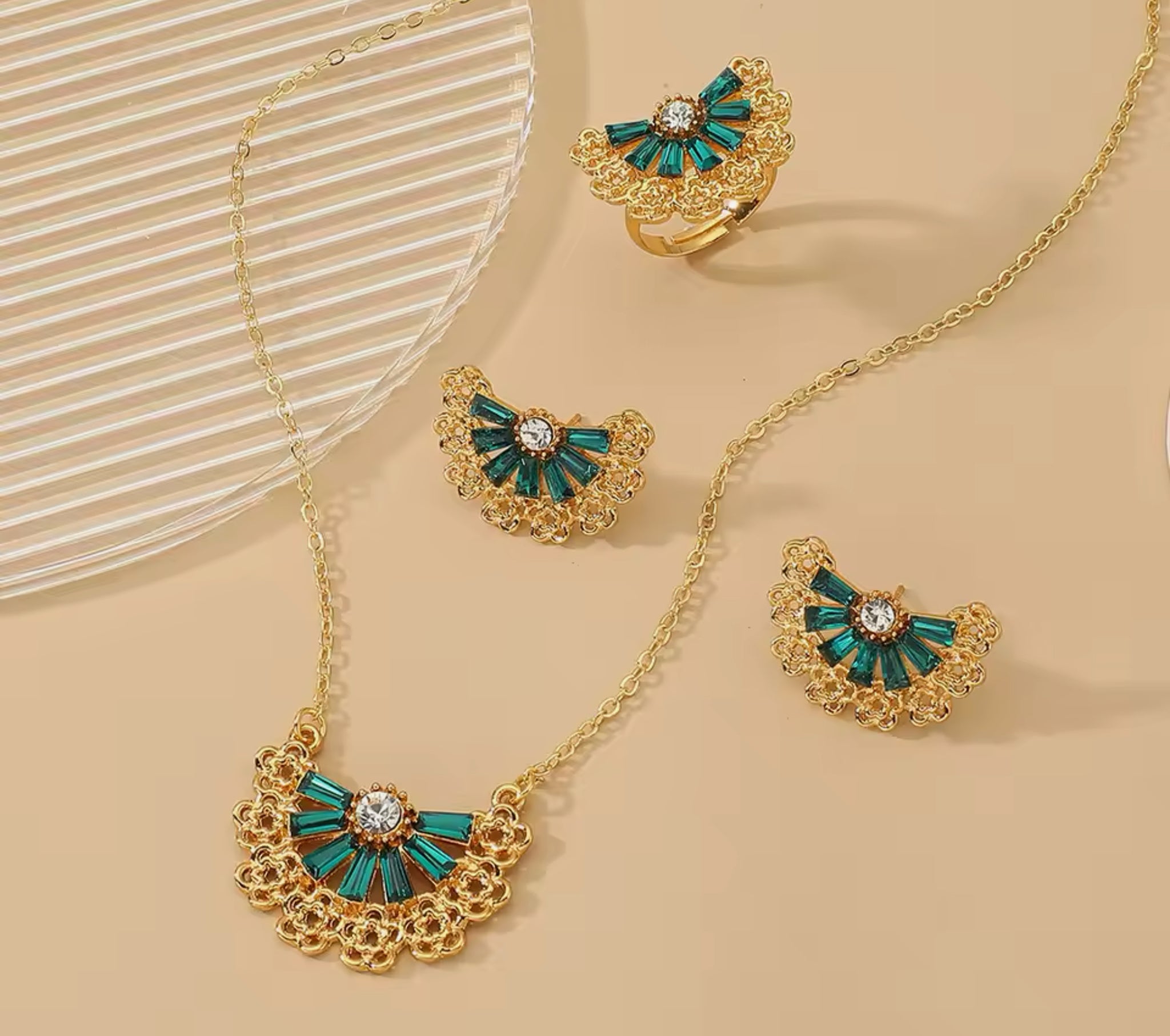 Green CZ Fan Design Jewelry Set Stainless Steel