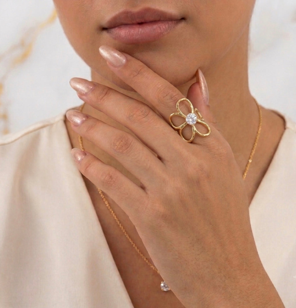 Cz Flower Adjustable Ring Stainless Steel
