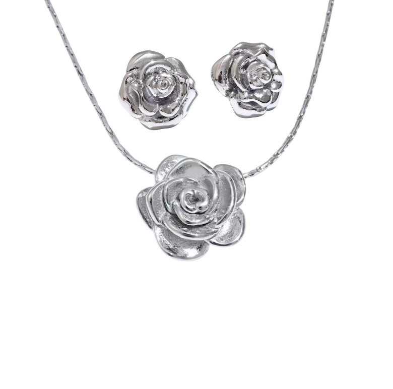 Silver Rose Necklace and Earring Set Stainless Steel