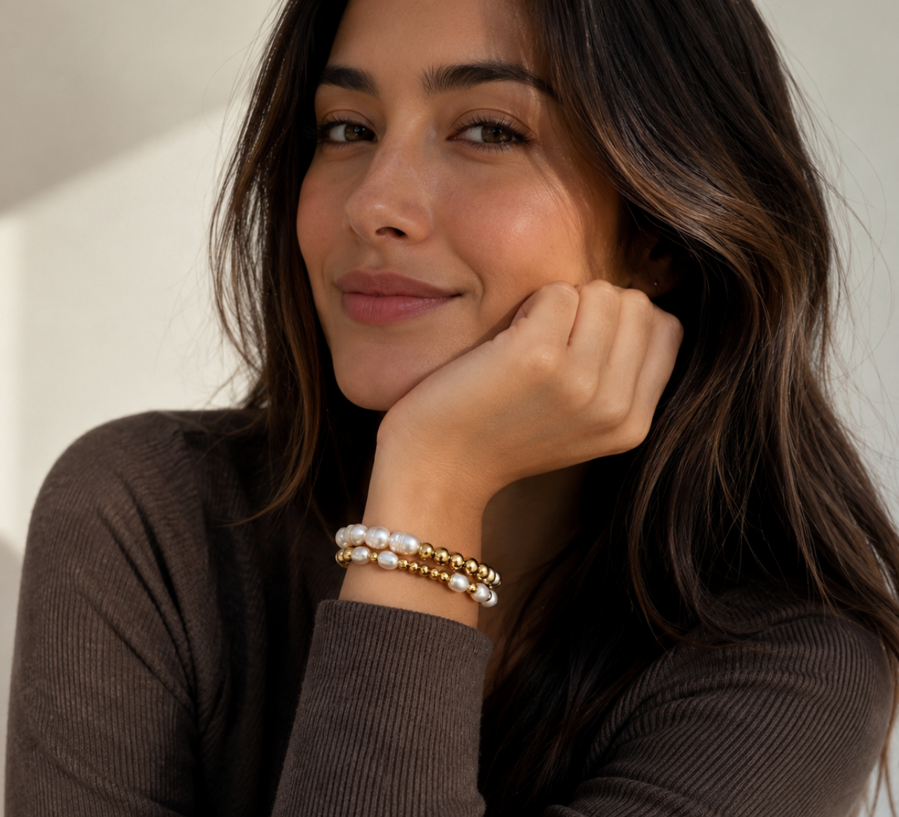 Freshwater Pearl and Gold Beaded Chain Bracelet Stainless Steel