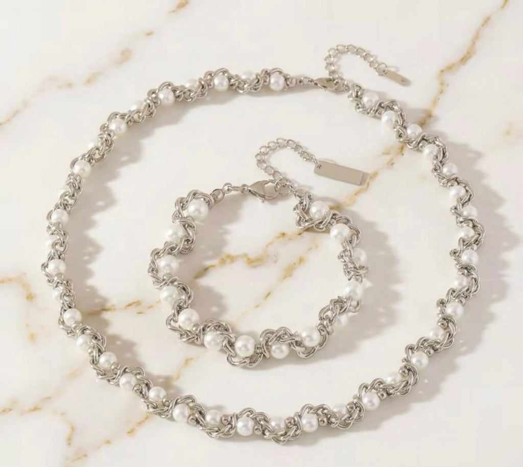 Elegant Silver and White Pearl Jewelry Set Stainless Steel