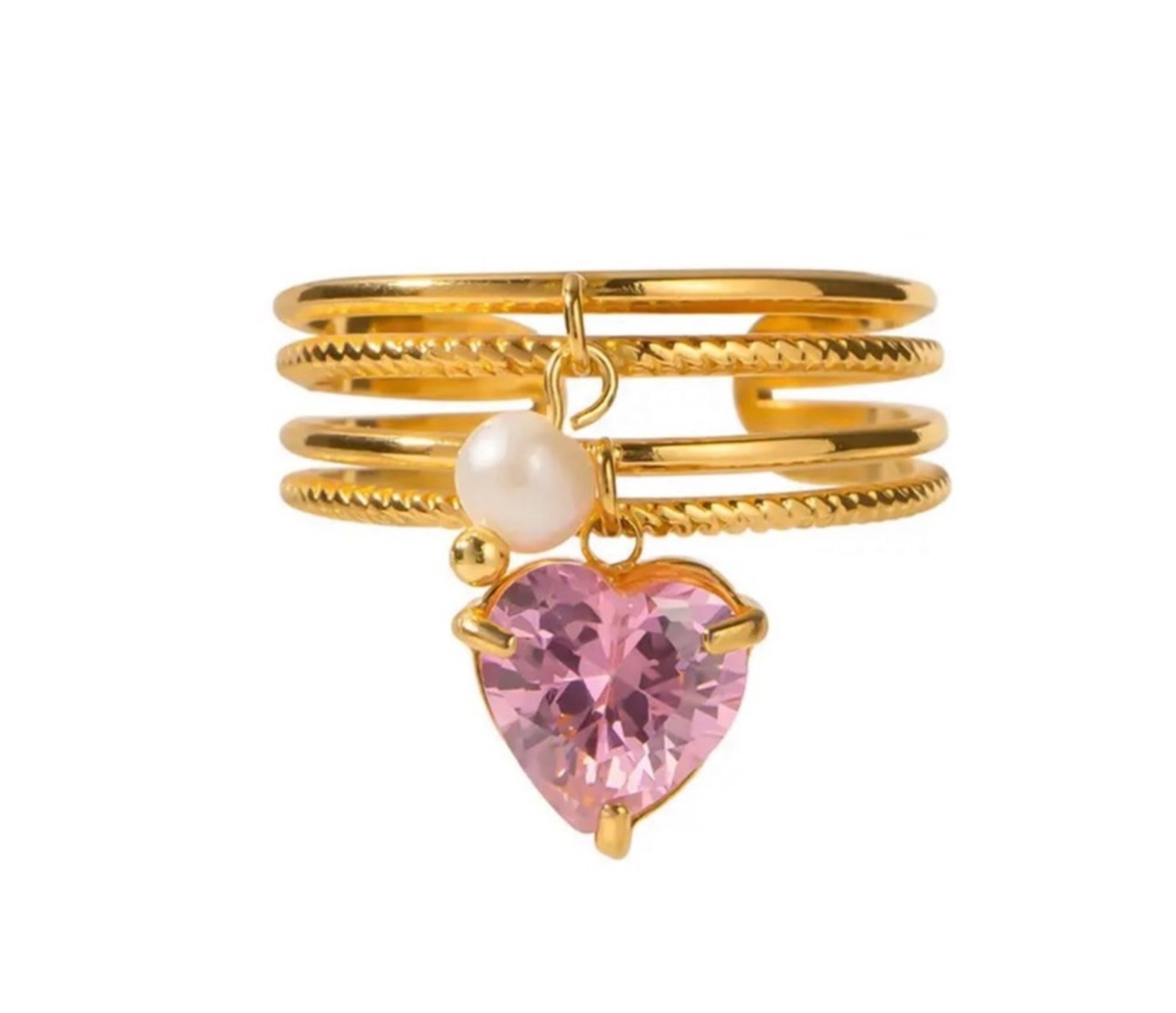 Pink Cz Heart Charm Ring Stainless Steel