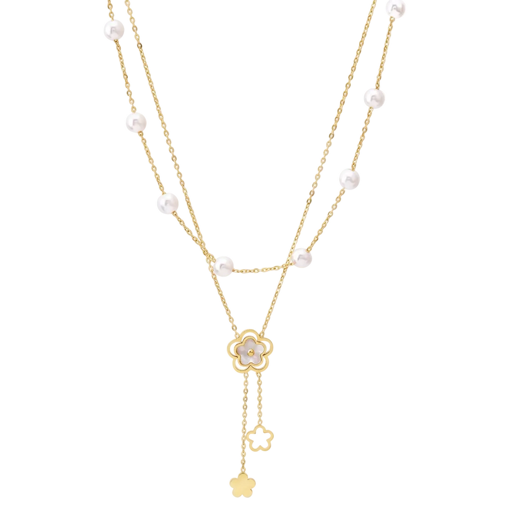 Pearls and Flower Necklace Set Stainless Steel