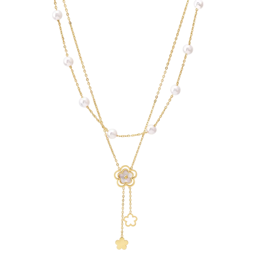 Pearls and Flower Necklace Set Stainless Steel