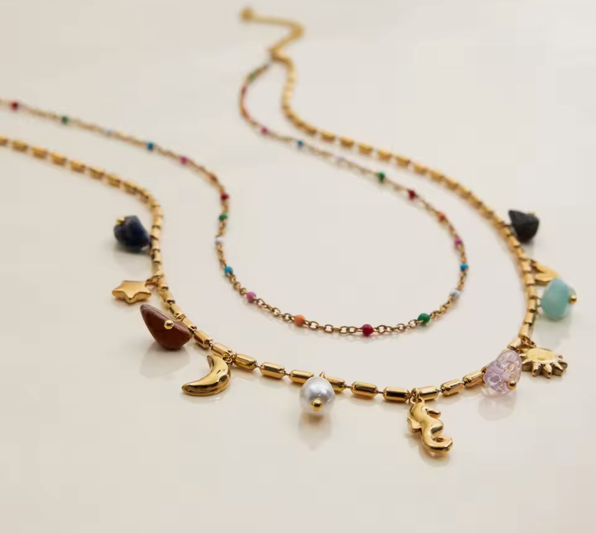 Layered Beaded Charm Necklace Stainless Steel
