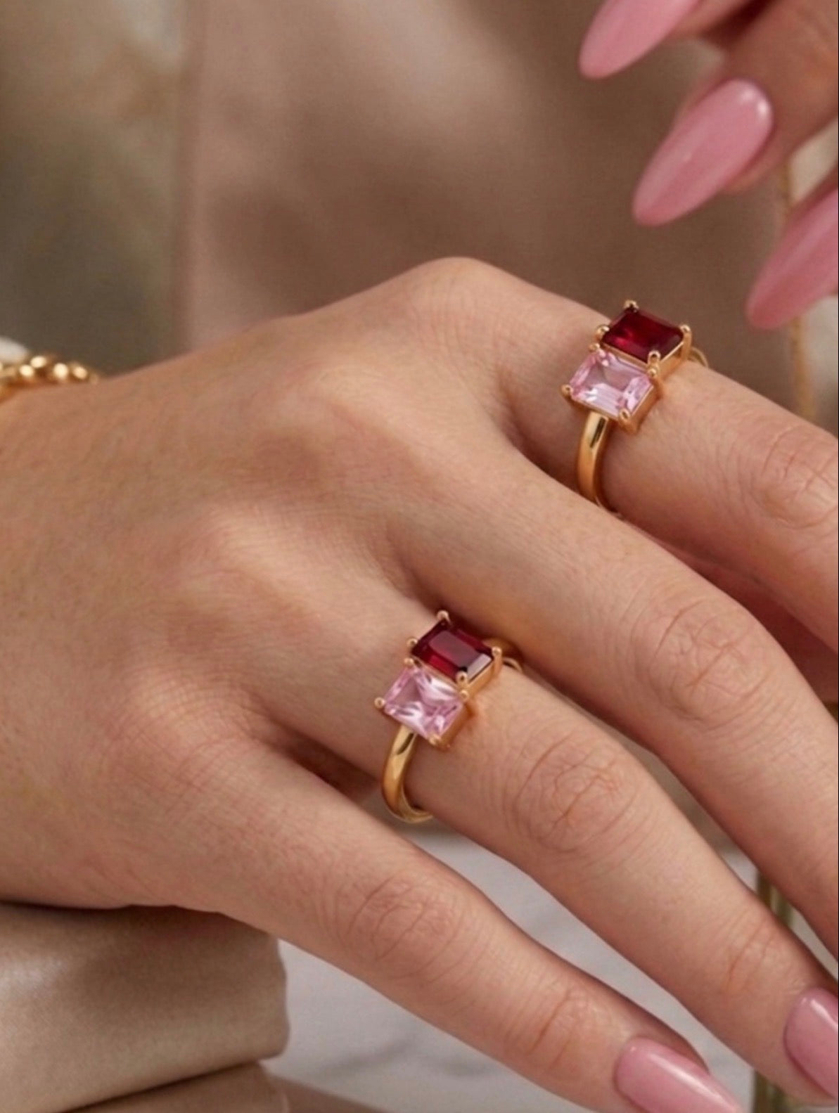 Double Emerald Cut Pink CZ Adjustable Ring Stainless Steel