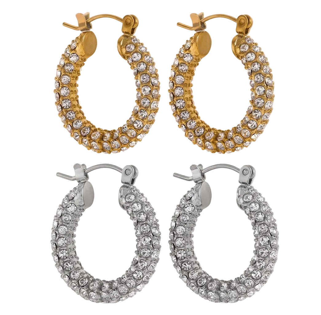 Pave CZ Hoop Earrings Stainless Steel