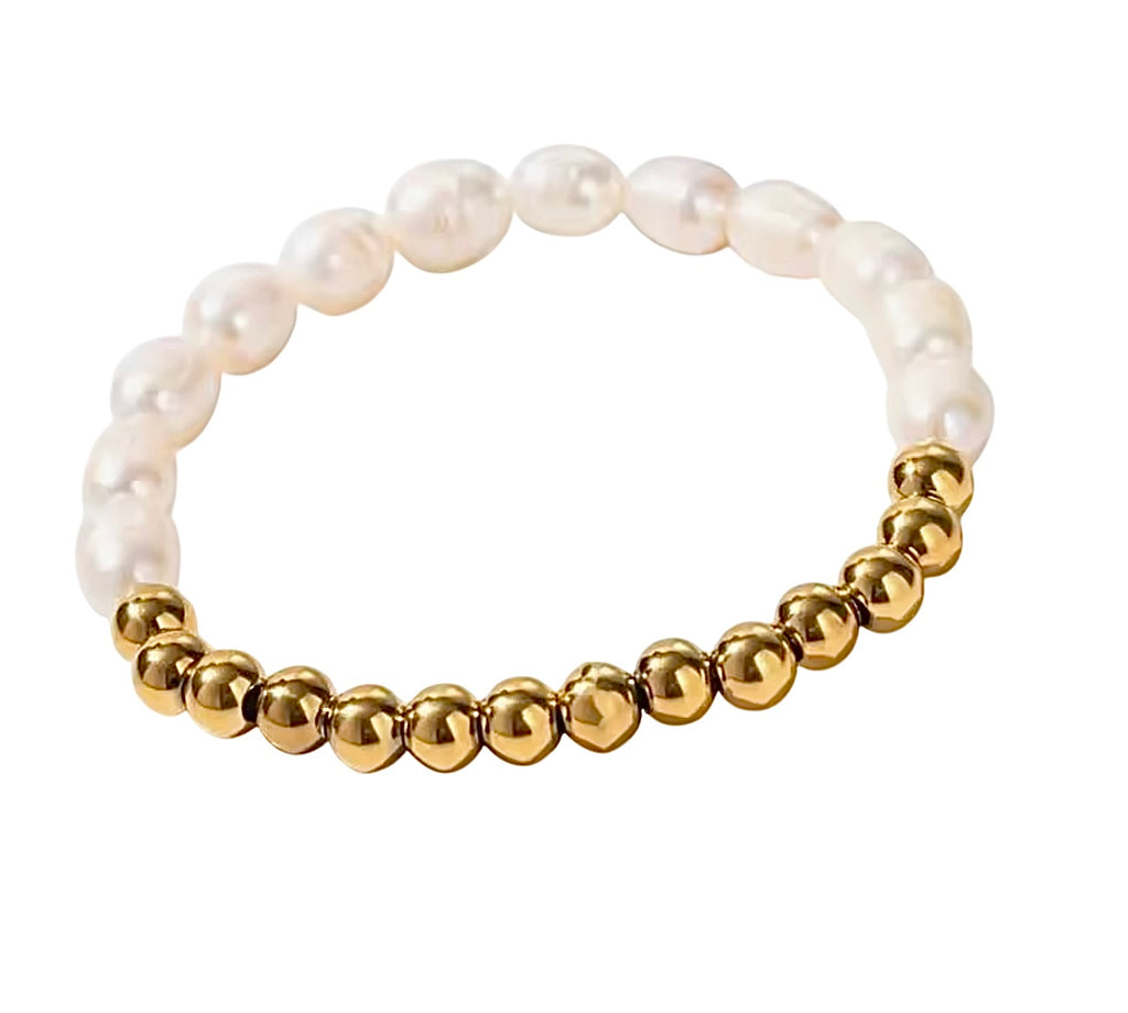 Freshwater Pearl and Gold Beaded Elastic Bracelet Stainless Steel